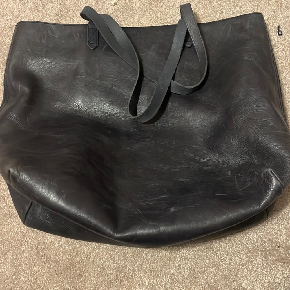 madewell navy blue leather tote bag